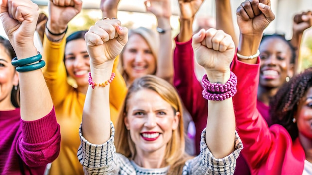 A powerful image showing hands with fists raised in solidarity symbolizing empowerment unity and strength for International Women39s Day