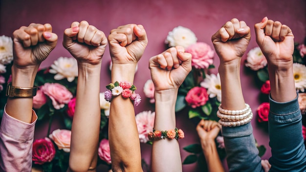 A powerful image showing hands with fists raised in solidarity symbolizing empowerment unity and strength for International Women39s Day