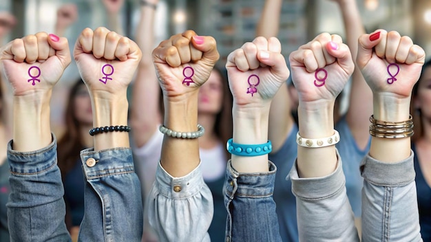 A powerful image showing hands with fists raised in solidarity symbolizing empowerment unity and strength for International Women39s Day