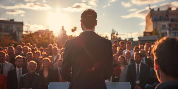 Photo a powerful image symbolizing leadership communication and public speaking the speakers back is turned facing a large crowd conveying a sense of hope inspiration and unity