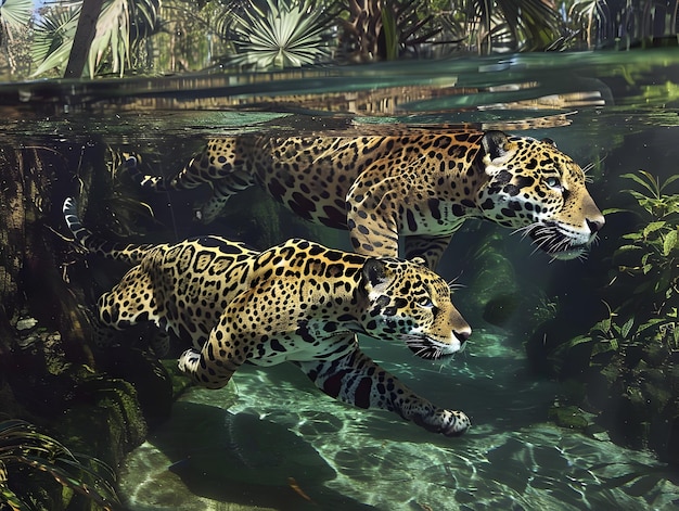 Photo powerful jaguar duo swimming gracefully in tropical river under lush jungle backdrop