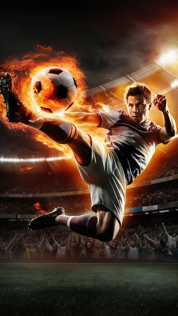 Powerful kick of a soccer player with fiery ball