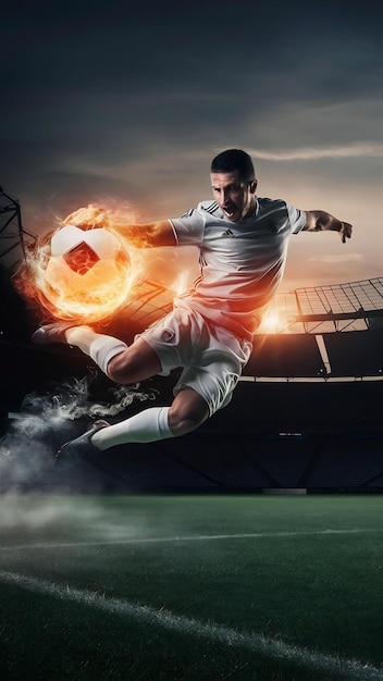 Powerful kick of a soccer player with fiery ball