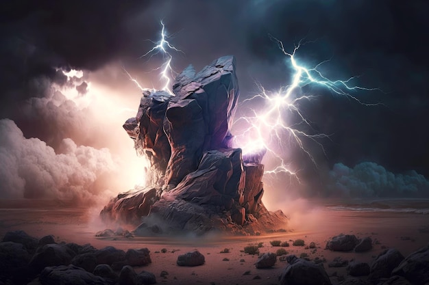 Powerful lightning hitting stones during dramatic thunderstorm generative ai