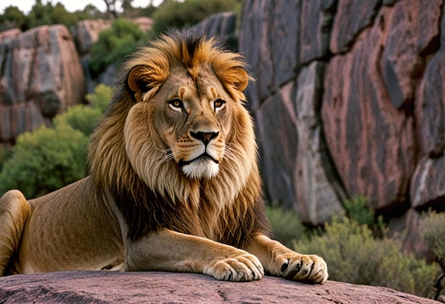 Photo powerful lion stands proud in a misty lush jungle setting exuding authority and grace