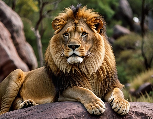 Powerful lion stands proud in a misty lush jungle setting exuding authority and grace