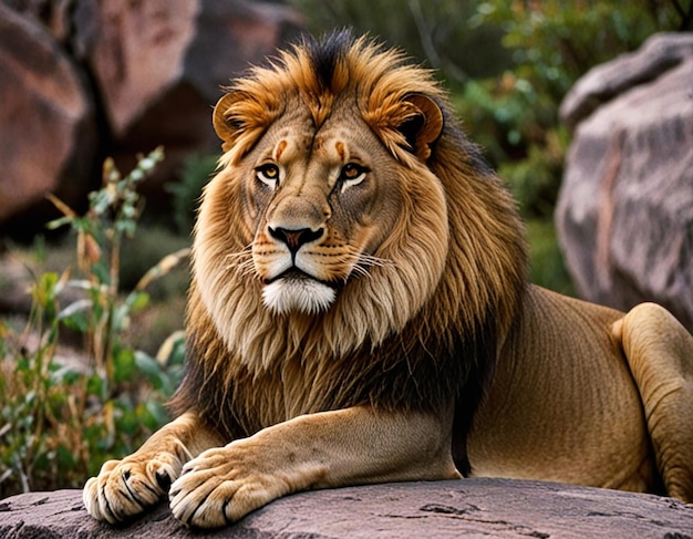 Powerful lion stands proud in a misty lush jungle setting exuding authority and grace