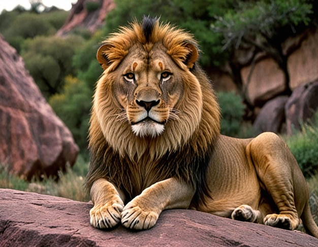 Powerful lion stands proud in a misty lush jungle setting exuding authority and grace