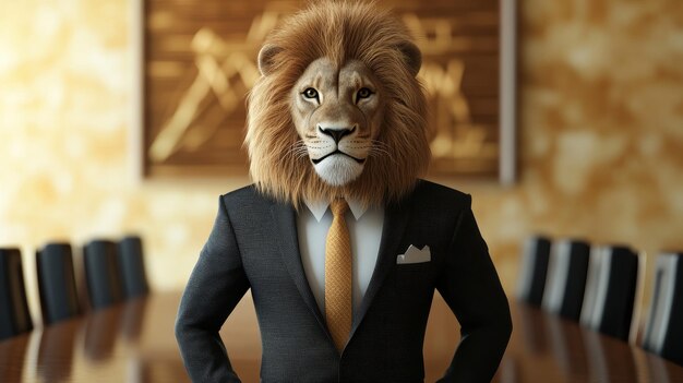 Photo a powerful lion with a businessmans suit and tie symbolizing leadership confidence strength