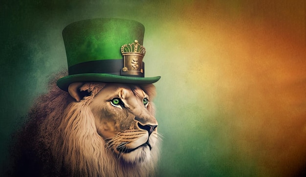 Powerful lion with green hat celebrating Saint Patrick day on blurred background Generative AI