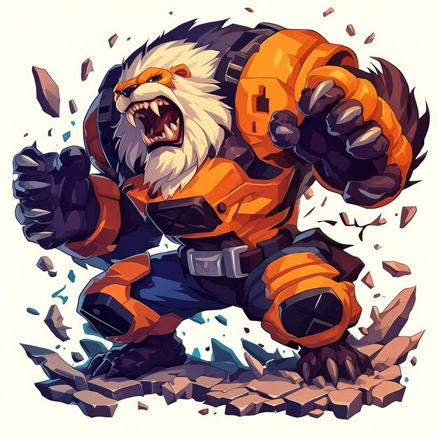 A Powerful Lionlike Creature in Orange Armor Smashing the Ground