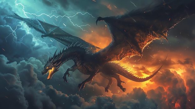 A powerful and majestic dragon soars through a stormy sky The dragons scales are black as night and its eyes are like burning embers