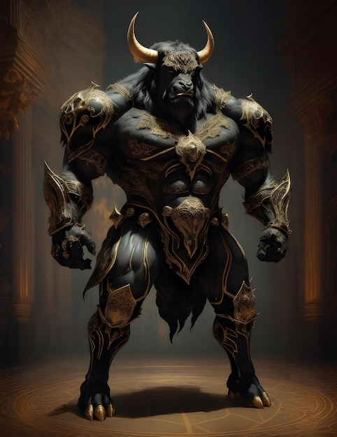 Powerful and Menacing Minotaur Awaits Its Adversaries in a Dark and Mysterious Scene