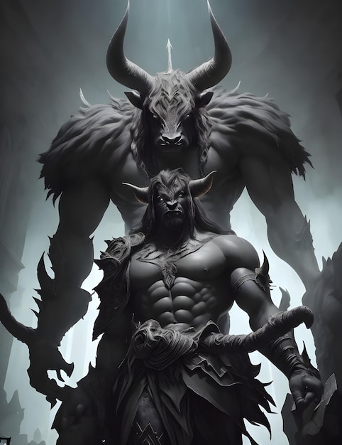 Powerful and Menacing Minotaur Awaits Its Adversaries in a Dark and Mysterious Scene