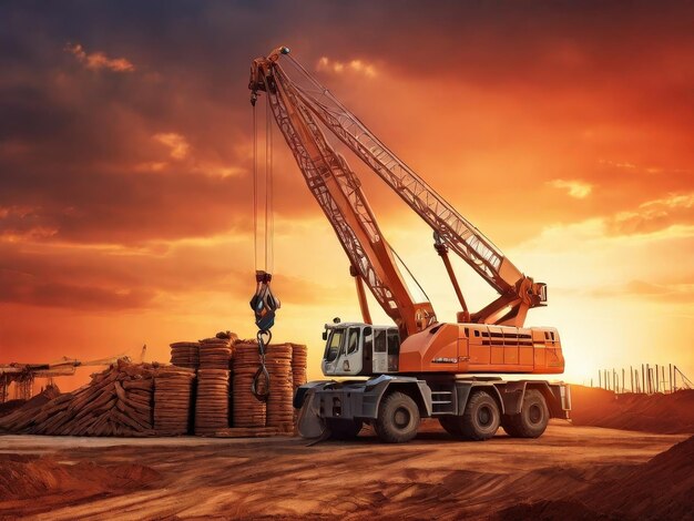 Powerful Mobile Crane Lifting Steel Coils at Construction Site during Sunset Ai generative