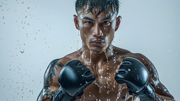 Photo powerful muay thai fighter showcasing strength and discipline on white background