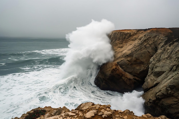 Photo powerful ocean waves crash against a rugged cliff under an overcast sky showcasing nature39s raw beauty and relentless force