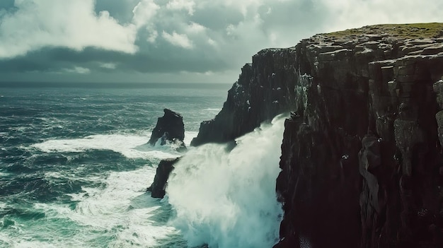 Photo powerful ocean waves crashing against rugged cliffs with sea spray and dramatic clouds ai generated illustration