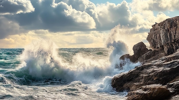 Powerful Ocean Waves Crashing Against Rugged Cliffs with Sea Spray and Dramatic Clouds AI generated illustration