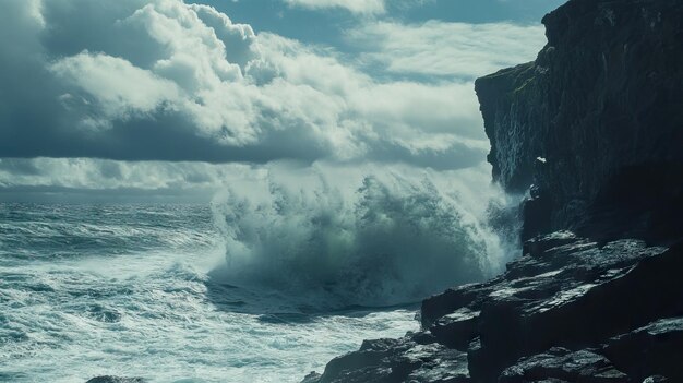 Powerful Ocean Waves Crashing Against Rugged Cliffs with Sea Spray and Dramatic Clouds AI generated illustration