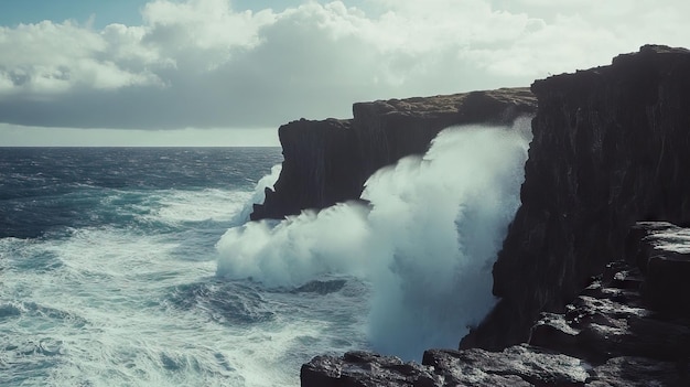 Photo powerful ocean waves crashing against rugged cliffs with sea spray and dramatic clouds ai generated illustration