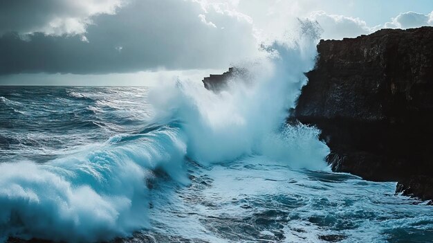 Powerful Ocean Waves Crashing Against Rugged Cliffs with Sea Spray and Dramatic Clouds AI generated illustration