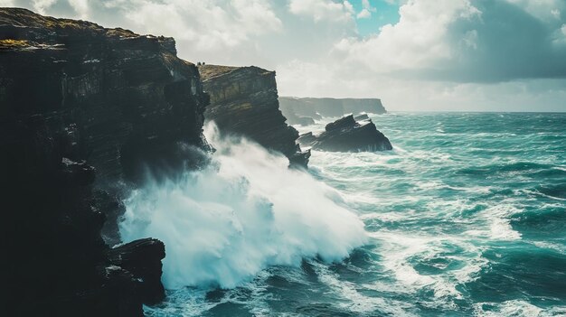 Photo powerful ocean waves crashing against rugged cliffs with sea spray and dramatic clouds ai generated illustration