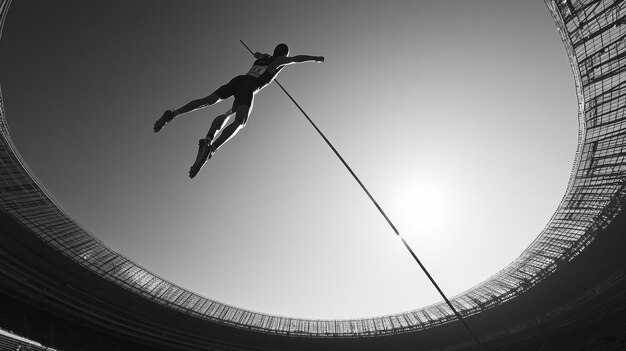 Photo powerful pole vaulter flying high in stadium against clear sky with determination