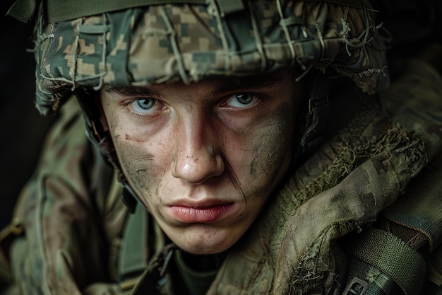 Powerful portrait of a young soldier capturing the emotional impact of service with striking detail