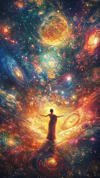 Photo a powerful portrayal of aditi standing at the center of the cosmos her arms outstretched