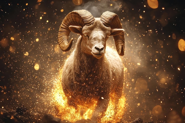 Powerful ram with majestic horns charging through a fiery magical scene