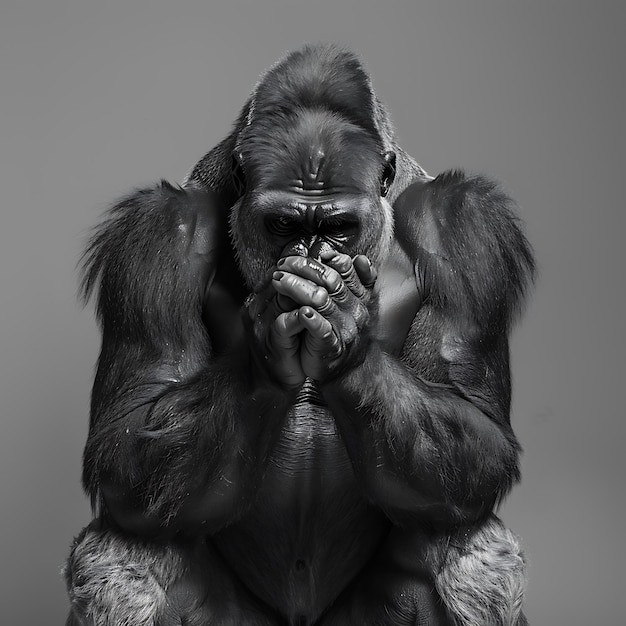 Photo powerful and reflective portrait of a gorilla in black and white