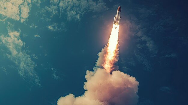 Photo a powerful rocket launches into the sky leaving a trail of smoke and fire symbolizing exploration and technological advancement