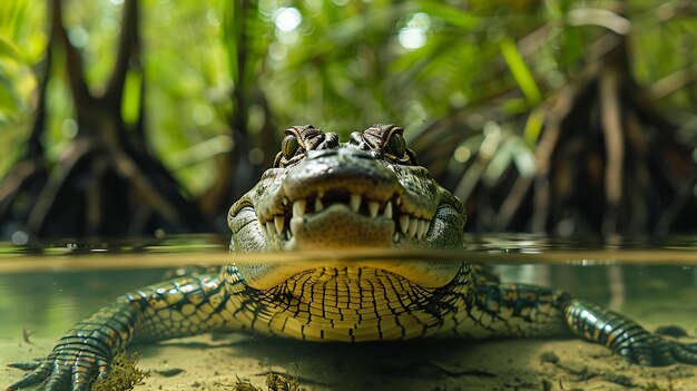 Photo powerful saltwater crocodile lurking in mangrove swamp a powerful saltwater crocodile lurks