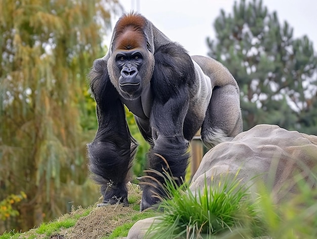 Powerful Silverback Gorilla Standing Tall in Natural Habitat