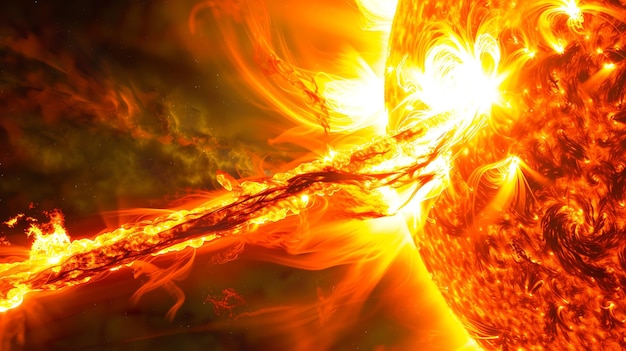 A powerful solar flare erupts from the sun sending a fiery stream of energy into space