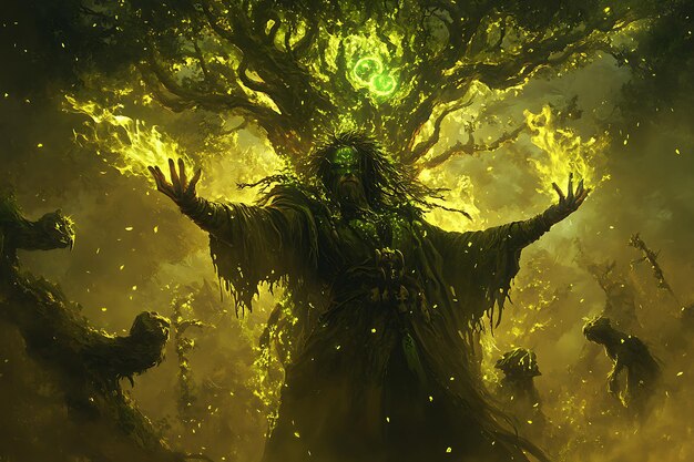 Photo a powerful sorcerer stands amidst a mystical forest surrounded by swirling golden energy casting a powerful spell