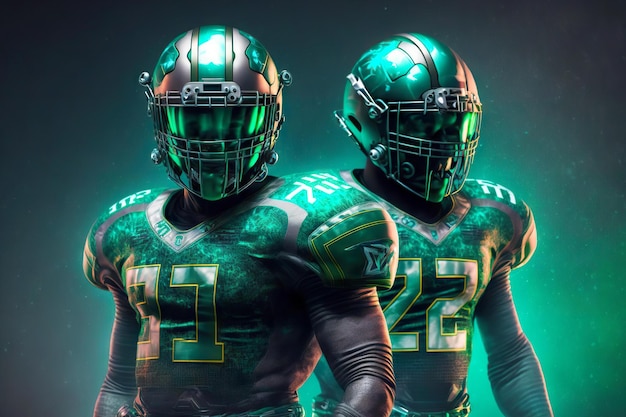 Powerful and strong players in american football in green uniforms with serial numbers and helmets generative ai