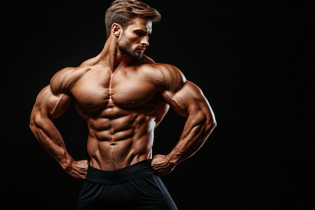 Powerful stylish body builder with dumbbells look at the camera Isolated on a dark background