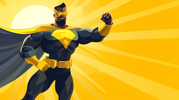 A powerful superhero stands in a yellow sunburst ready to fight for justice