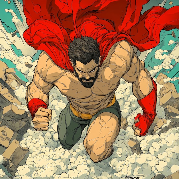 Powerful superhero with red cape and beard flying over a destroyed city