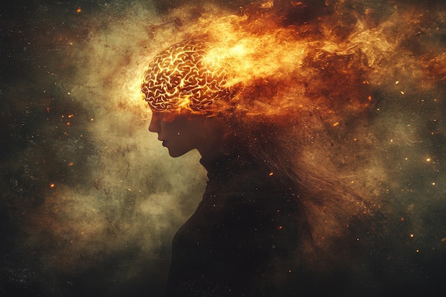 A powerful and surreal image of a mans head with flames emerging from his brain symbolizing intense