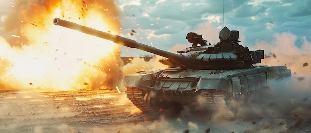 A powerful tank fires amidst a dramatic explosion capturing a moment of intense military action with vivid colors and dynamic energy