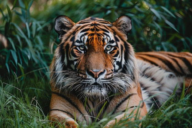 A powerful tiger characteristically lying in the grass focusing its gaze on the camera A majestic tiger resting in the grass