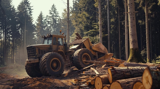 A powerful tractor hauling logs through a dense forest showcasing hard work and machinery