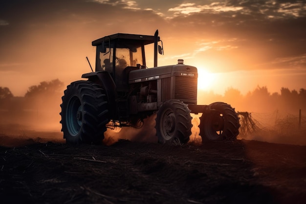 Powerful tractor plowing the field at dusk generative IA