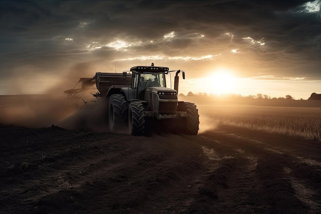 Powerful tractor plowing the field at dusk generative IA