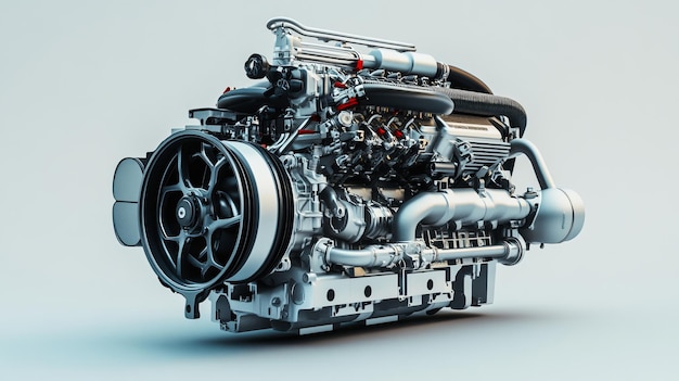 A powerful V8 engine in action with visible supercharger and moving parts isolated on a light gray background highlighting its highperformance operation