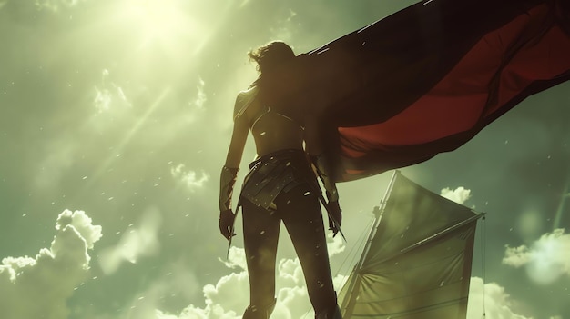 A powerful warrior woman stands on the deck of a ship her cape billowing in the wind She is ready to face any challenge that comes her way