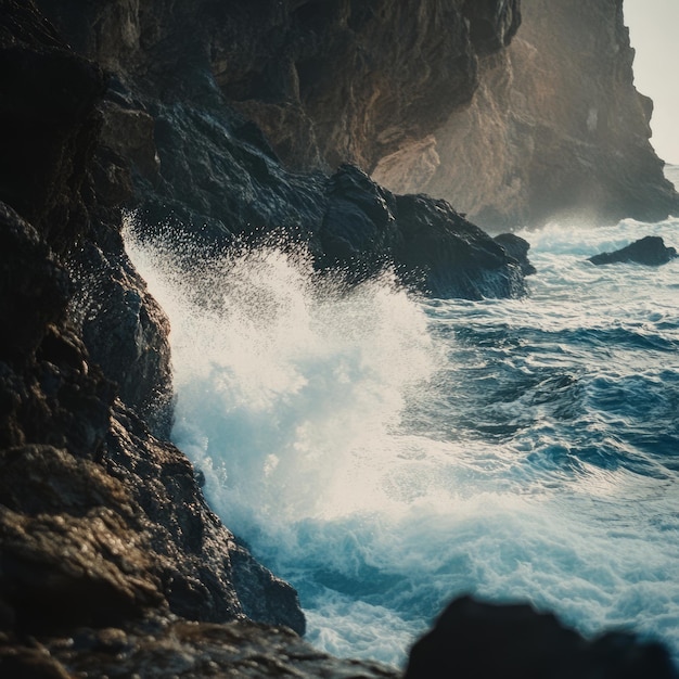 Photo powerful waves crashing against rocky cliffs at sunset